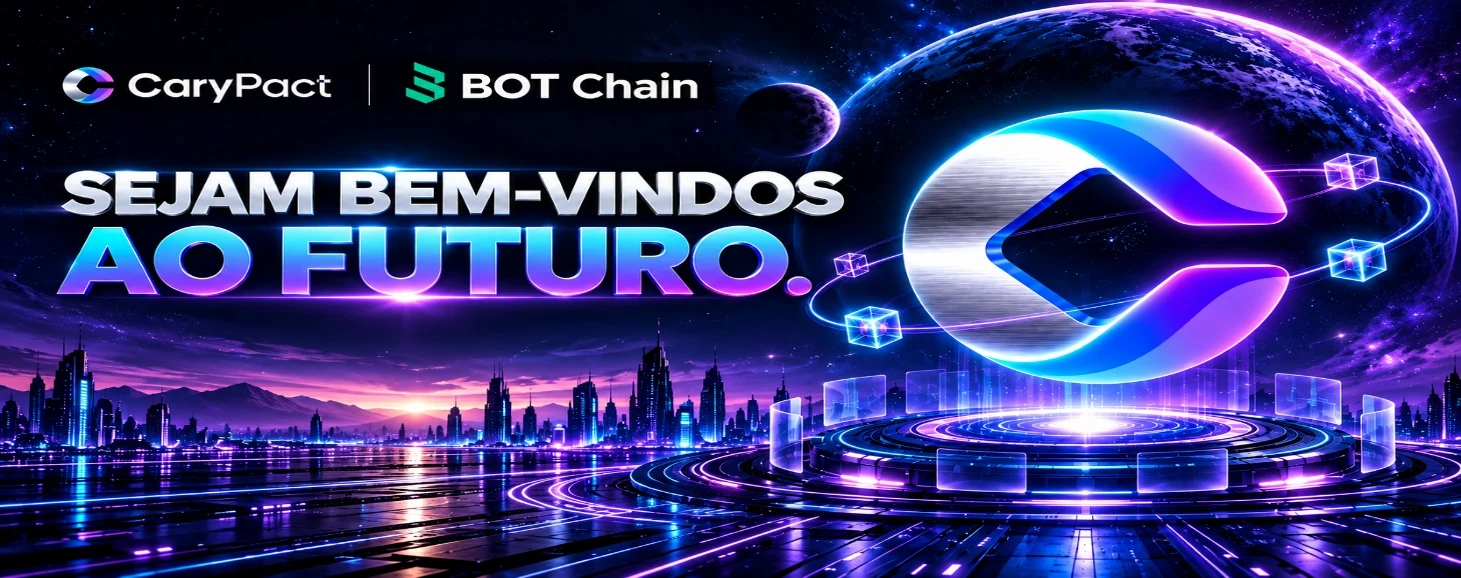 CaryPact e BOT Chain. SEJAM BEM-VINDOS AO FUTURO. Cidade futurista e símbolo CaryPact iluminados em azul e violeta.